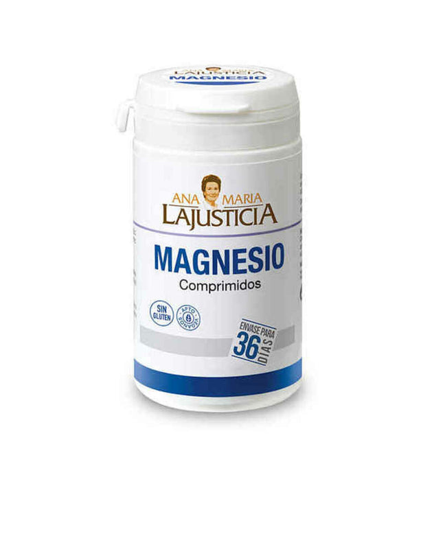 Ana María Lajusticia Magnesium Chloride tablets for health and wellness, showing a bottle of mineral supplement tablets.