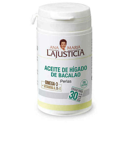 Bottle of Ana María Lajusticia cod liver oil with vitamin E, health supplement for diet and nutrition, with a white cap and label.
