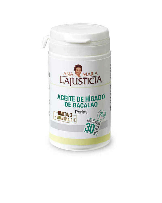 Bottle of Ana María Lajusticia cod liver oil with vitamin E, health supplement for diet and nutrition, with a white cap and label.