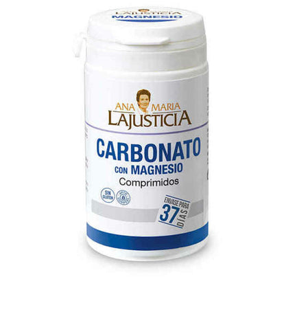 Bottle of Ana María Lajusticia Magnesium Carbonate supplement for health and mineral support, with a white label and blue cap.