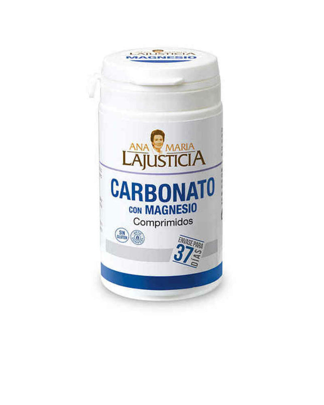 Bottle of Ana María Lajusticia Magnesium Carbonate supplement for health and mineral support, with a white label and blue cap.
