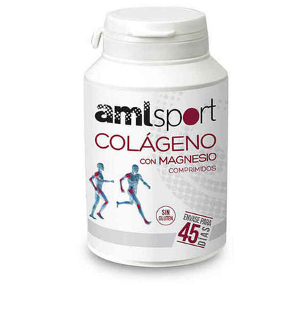 Amlsport Collagen Magnesium tablets in a white bottle, supplement for health and personal care with collagen and magnesium.