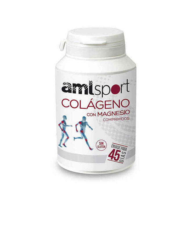 Amlsport Collagen Magnesium tablets in a white bottle, supplement for health and personal care with collagen and magnesium.
