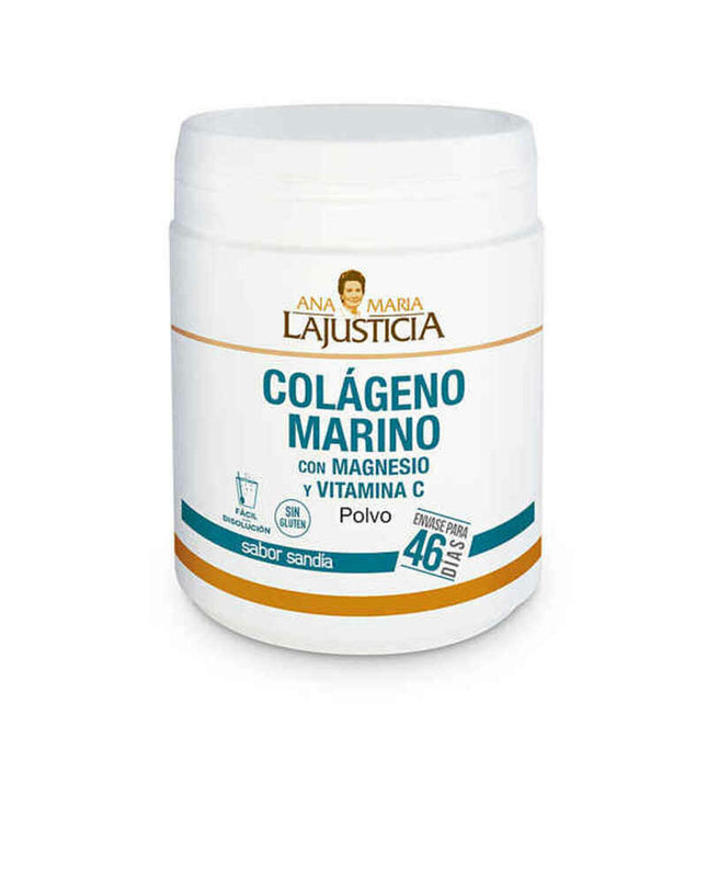 Ana María Lajusticia Collagen Marino supplement with magnesium and vitamin C, featuring a white bottle with supplements inside.