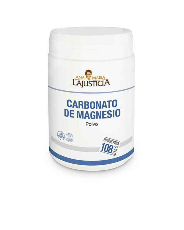 Bottle of Ana María Lajusticia Magnesium Carbonate supplement for health and mineral support.
