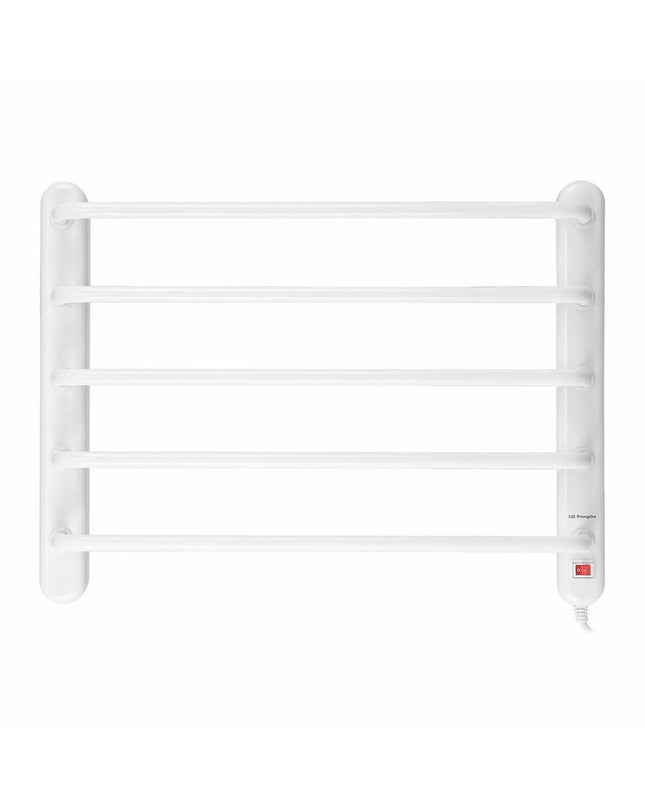 Orbegozo 13986 electric wall towel rack in a bathroom, featuring multiple heated bars for drying towels.