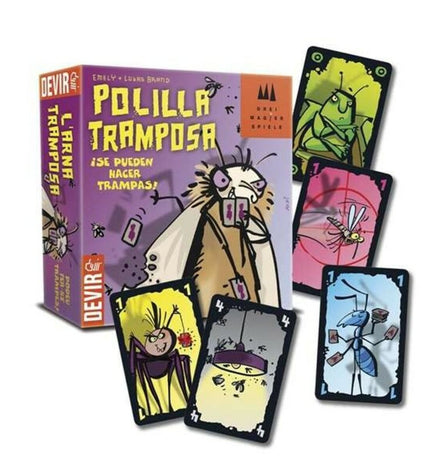 Devir Polilla Tramposa board game box with colorful illustrations for children and family gameplay.