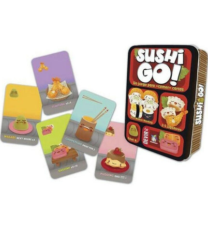 Sushi Go! Devir card game for kids, featuring colorful game cards with sushi illustrations, in a playful design.