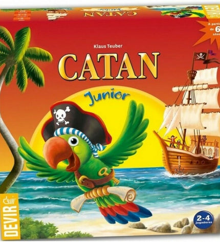 Catan Junior board game by Devir featuring colorful game pieces and illustrated game board for kids' fun and strategy.