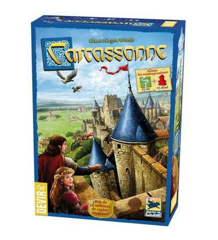 Devir Carcassonne board game with colorful tiles and game pieces, ideal for family and strategy game enthusiasts.