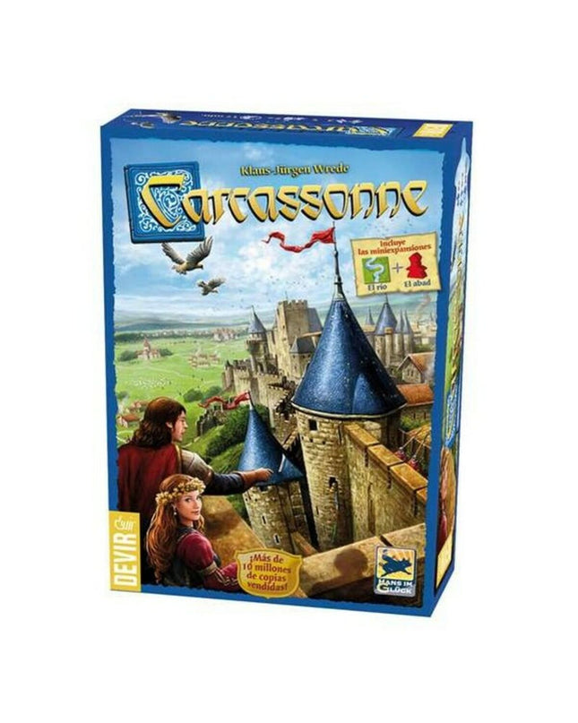 Devir Carcassonne board game with colorful tiles and game pieces, ideal for family and strategy game enthusiasts.