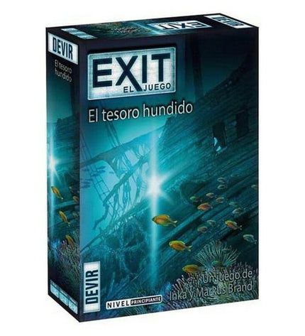 Devir Exit El Tesoro Hundido escape room board game with detailed game components and colorful box art.