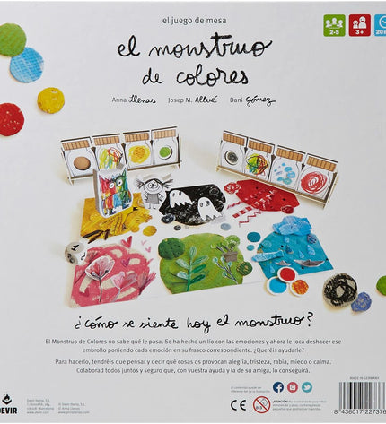Colorful game box for El Monstruo de Colores by Devir, featuring vibrant illustrations of playful monsters and game components.