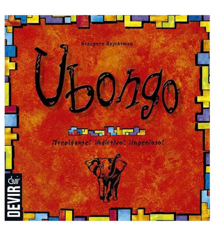 Devir Ubongo board game with colorful puzzle pieces and game components for fun family gameplay.