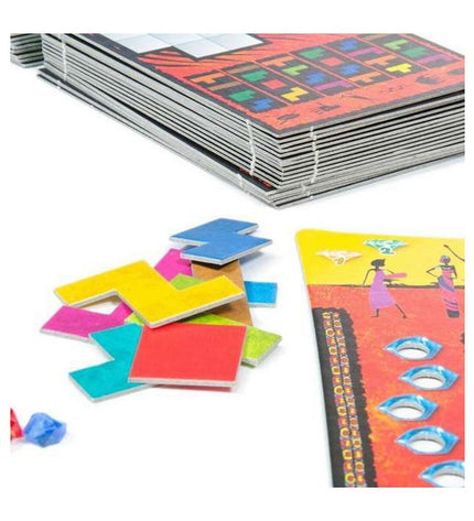 Devir Ubongo board game with colorful 128 puzzle pieces, designed for fun and strategic gameplay in family or group settings.