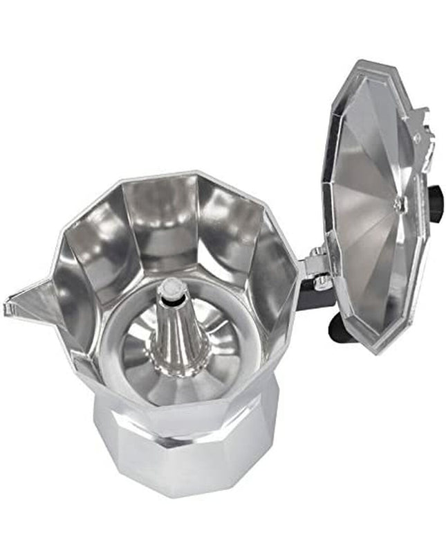 Zilverkleurige aluminium Italiaanse koffiepot JATA CCA3 met 3 kopjes voor huis en koken, ontworpen voor Italiaanse espresso.