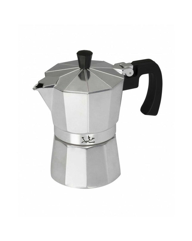 Zilverkleurige aluminium Italiaanse koffiepot JATA CCA3 met 3 kopjes voor huis en koken, geschikt voor koffie en thee.