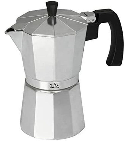 Zilverkleurige JATA Italiaanse koffiepot CCA6 met 6 kopjes, aluminium, ideaal voor huis en koken, geschikt voor koffie en thee.