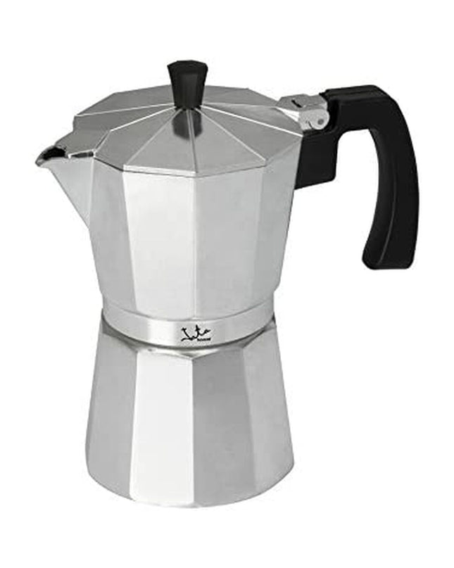 Zilverkleurige JATA Italiaanse koffiepot CCA6 met 6 kopjes, aluminium, ideaal voor huis en koken, geschikt voor koffie en thee.