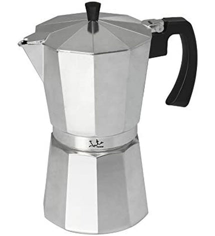 Silver JATA CCA12 Italian coffee pot made of aluminium, 12-cup capacity, for brewing traditional Italian coffee.