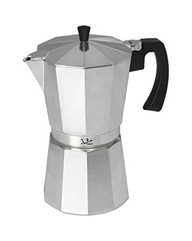 Silver JATA CCA12 Italian coffee pot made of aluminium, 12-cup capacity, for brewing traditional Italian coffee.