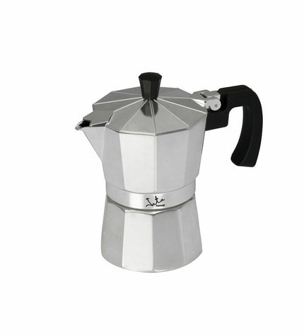 Silver JATA CCA12 Italian coffee pot made of aluminum, with 12 cups, suitable for brewing traditional Italian espresso.