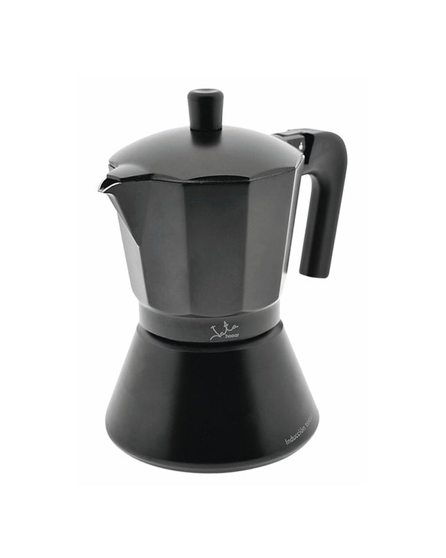JATA Italiaanse koffiepot CFI6 zwart aluminium, 1 liter, in huis en koken setting with stovetop and handle.