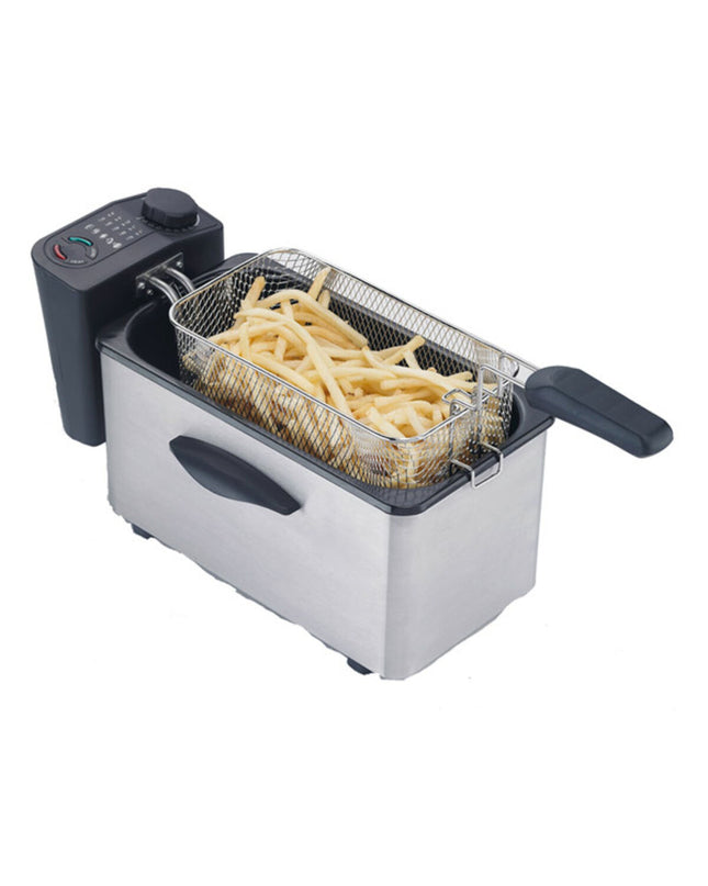 Silver COMELEC deep fryer with 1L capacity and 2000W power, compact electric kitchen appliance for frying food.
