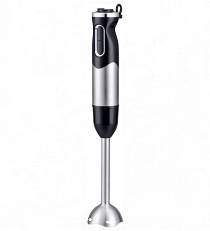 COMELEC BV-1134 hand blender in black and white with 800W motor, shown with blending attachments on a kitchen countertop.