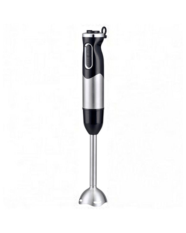 COMELEC BV-1134 hand blender in black and white with 800W motor, shown with blending attachments on a kitchen countertop.