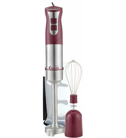 COMELEC BV1139 hand blender with 1000W motor and 1500W peak power, shown in use with blending attachments in a kitchen setting.