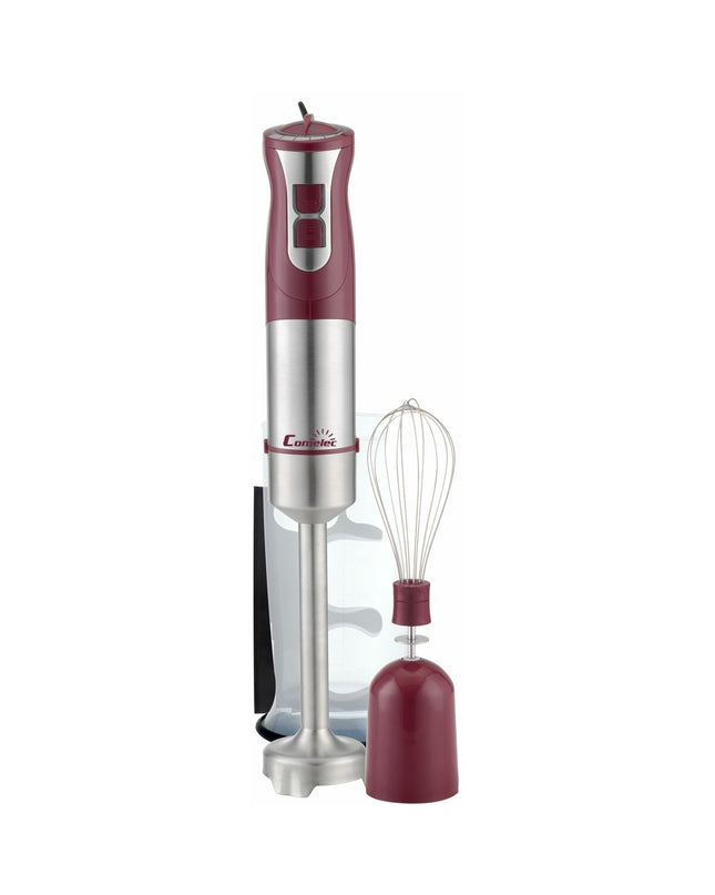 COMELEC BV1139 hand blender with 1000W motor and 1500W peak power, shown in use with blending attachments in a kitchen setting.