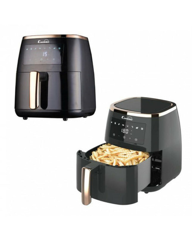 Black COMELEC FA5004 air fryer with 5L capacity, 1500W to 1800W power, compact electric kitchen appliance for healthy frying.