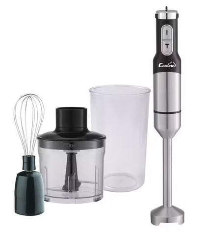 COMELEC BV1550 black hand blender with 1500W motor, shown with blending attachments on a kitchen countertop.