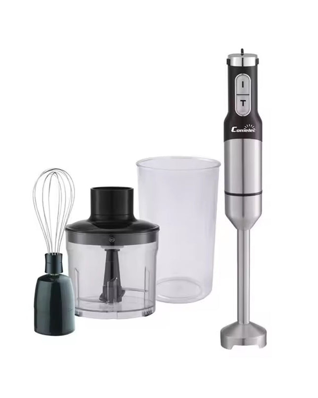 COMELEC BV1550 black hand blender with 1500W motor, shown with blending attachments on a kitchen countertop.