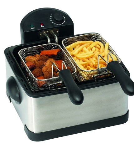 COMELEC FR4075 small electric deep fryer with 4-liter capacity and 2000W power, made of stainless steel for home cooking.