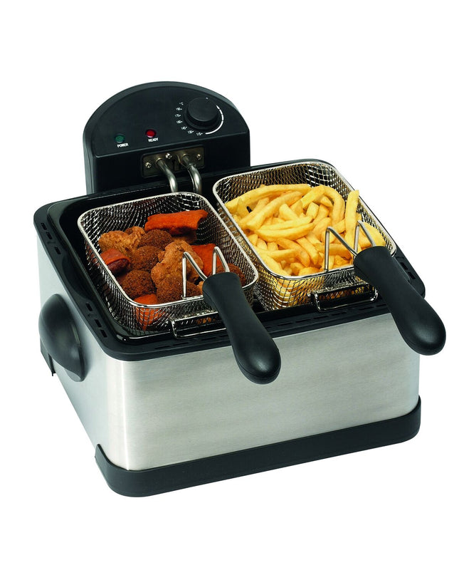 COMELEC FR4075 small electric deep fryer with 4-liter capacity and 2000W power, made of stainless steel for home cooking.