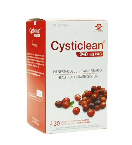 CYSTICLEAN Classic digestive supplement box with 30 capsules, featuring product label and branding for health and personal care.