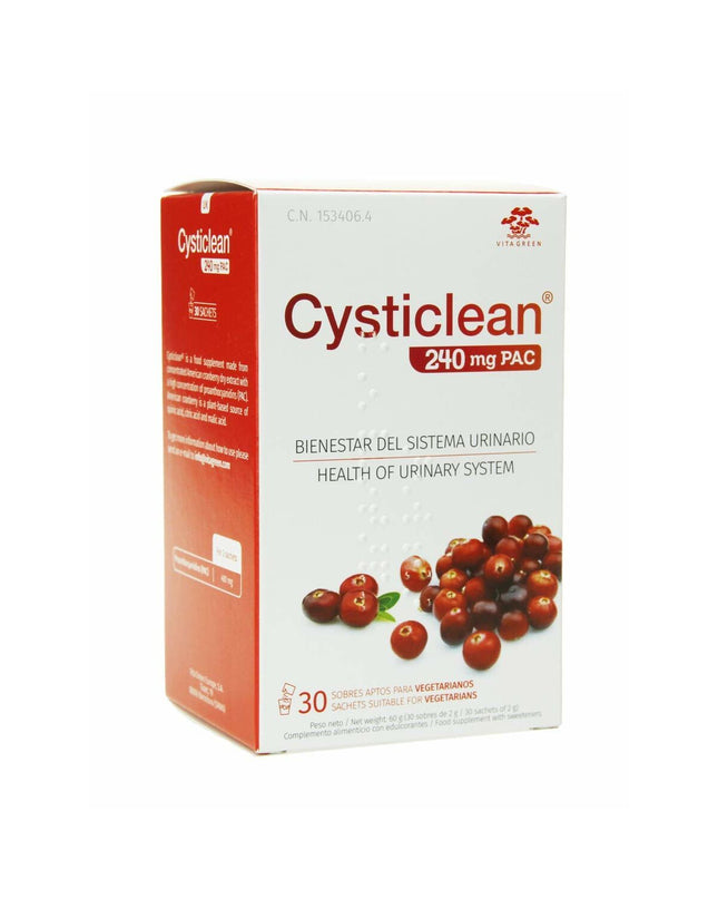 CYSTICLEAN Classic digestive supplement box with 30 capsules, featuring product label and branding for health and personal care.