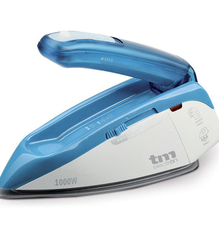 TM Electron travel steam iron in blue with 1085W power, compact design for home and travel use.