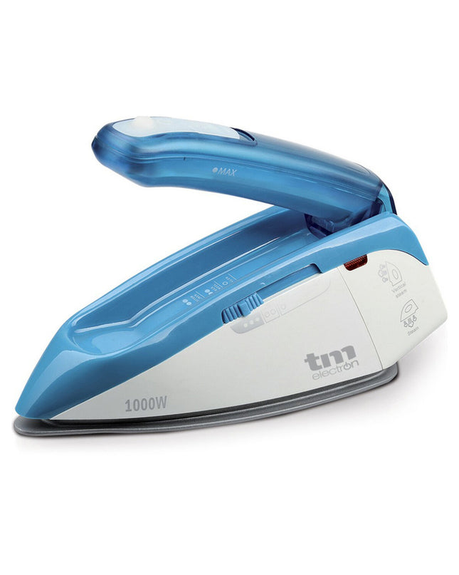 TM Electron travel steam iron in blue with 1085W power, compact design for home and travel use.