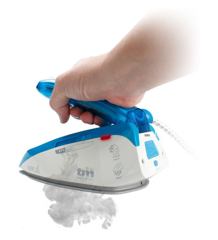 Blue TM Electron travel steam iron with 1085W power, compact design for home and travel use, shown on a flat surface.