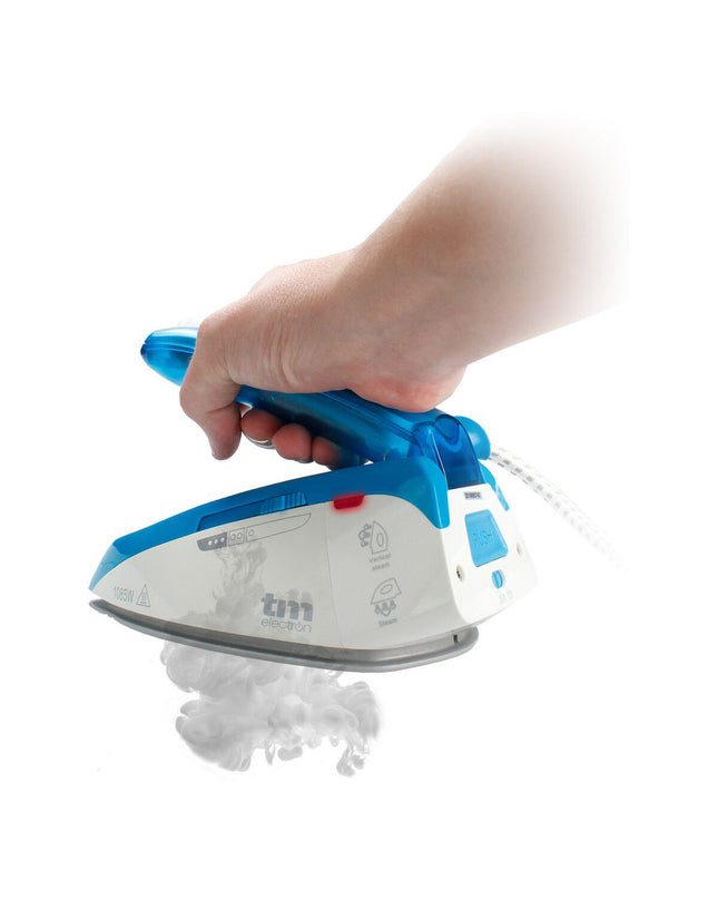 Blue TM Electron travel steam iron with 1085W power, compact design for home and travel use, shown on a flat surface.