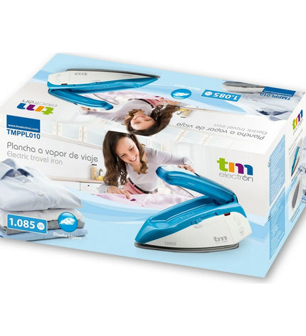 Blue TM Electron travel steam iron with 1085W power, compact design for home and travel use, visible water tank and steam vents.