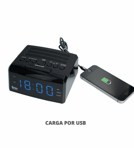 TM Electron LED PLL FM radio alarm clock displaying digital screen and control buttons on a sleek electronic device.