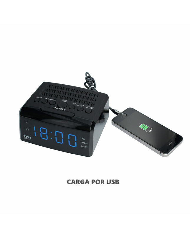 TM Electron LED PLL FM radio alarm clock displaying digital screen and control buttons on a sleek electronic device.