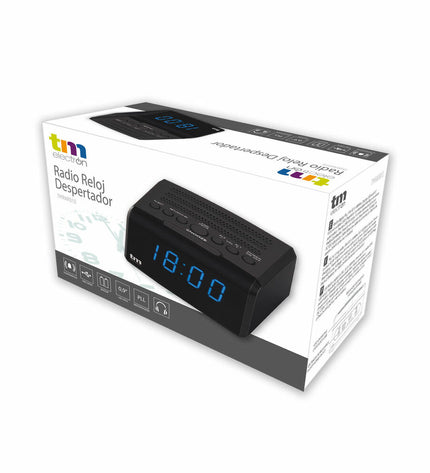 TM Electron LED PLL FM radio alarm clock showing digital display, buttons, and sleek electronic design.
