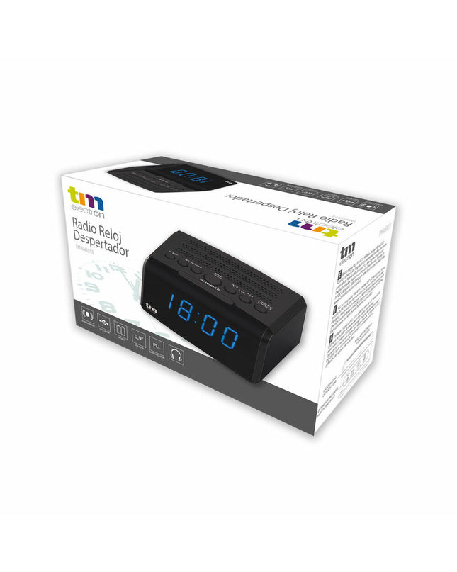 TM Electron LED PLL FM radio alarm clock showing digital display, buttons, and sleek electronic design.