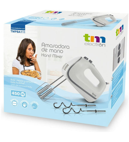TM Electron Handmixer 450W for kitchen use, compact electric appliance with beaters and control buttons, in a home cooking setting