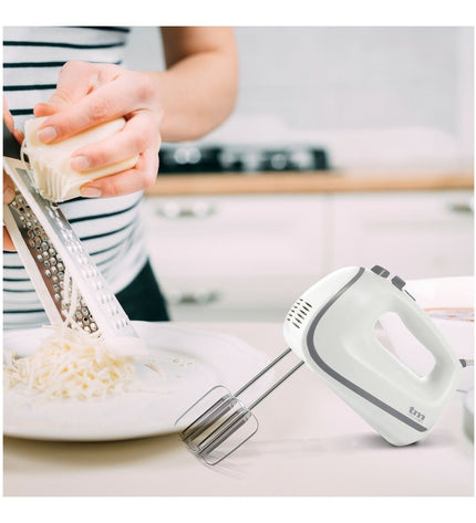 TM Electron Handmixer 450W for home cooking, showing the black and silver handheld electric mixer with beaters attached.